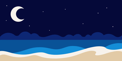Moonlit night sky over a calm sea, with stars twinkling above the summer beach landscape