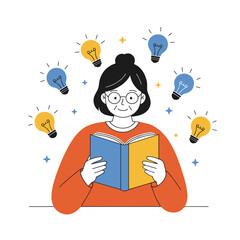 Young woman reading book with light bulbs surrounding her  