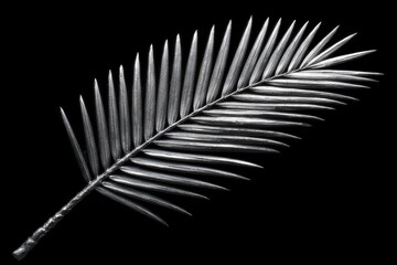 Close-up grayscale palm frond against black background.  Sharp, pointed leaflets radiate from central stem