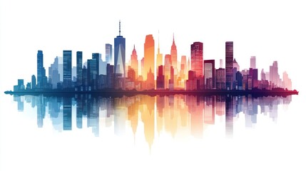 Obraz premium Colorful NYC Skyline Reflection, Urban Horizon, Vibrant Cityscape, Photorealistic Illustration, for use in advertising or design