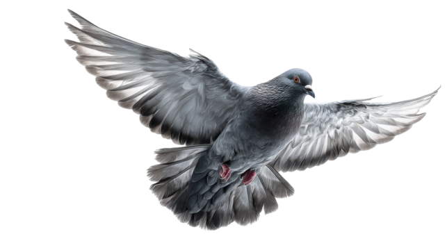 Dove taking flight, spreading wings widely, isolated, cut out transparent