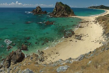 Panoramic view of a secluded beach. Turquoise water laps a sandy shore, framed by rugged rocks and hills