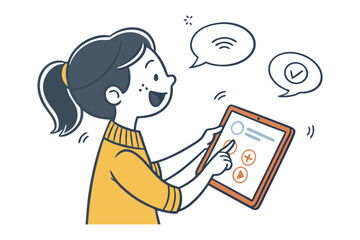 Online interaction: A young girl interacts with a digital tablet, surrounded by speech bubbles, indicating her engagement with the device and the world of communication.