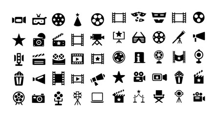 Cinema Outline Icon Set – Editable Stroke Vector with Movie, Film, TV, Video, Popcorn, Theater Screen, Camera, and Entertainment Symbols
