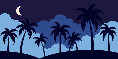 Obraz premium Tropical palm trees silhouetted against a vibrant sunset sky over the ocean, embodying a serene island paradise vacation