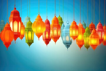 Many colorful lanterns hang in a row
