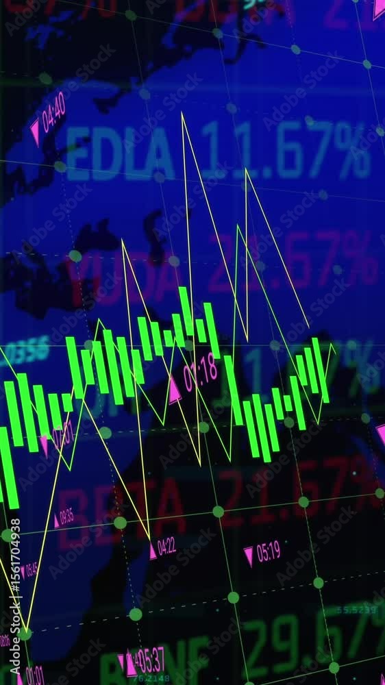 Poster animation of multiple graphs with changing numbers and trading board over map on black background