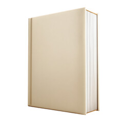 A closed blank beige hardcover book with many pages standing upright isolated on transparent background