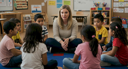 Teacher engaging with diverse children in a classroom setting  