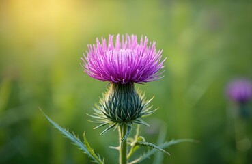Vibrant purple thistle blossom in bloom against a rich green background. Close-up of a wildflower in its natural habitat. The image evokes a sense of natural beauty, ideal for nature-related projects.