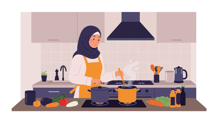 Muslim woman cooking in kitchen with hijab and apron preparing healthy meal