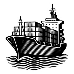 Obraz premium Modern Container Cargo Ship Sailing Across Ocean Waves Black and White Outline Line Art Drawing