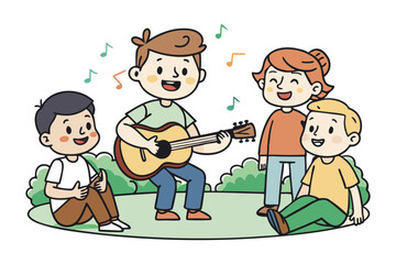 Harmonious Melody: A group of cheerful individuals gathers to sing a song in a park with musical notes adding to the joyous atmosphere.