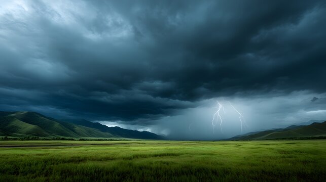 Wide angle view of thunderstorm rolling over lush green valley dramatic lightning bolt black storm cloud extreme electrical weather scenic nature contrast moody sky background 