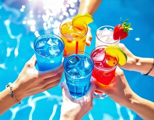 Hands holding bright blue and colorful cocktails over swimming pool water, summer pool party drinks