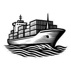 Obraz premium Large Freight Container Ship Floating on Ocean Waves Side View Vintage Black and White Outline Line Art Drawing