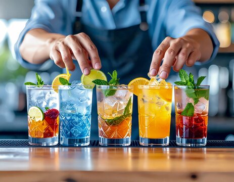 Professional bartender serving variety of craft cocktails and mixed drinks at upscale bar establishment