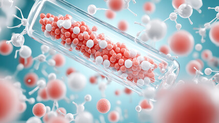 Futuristic bio organic battery concept with red and white molecules in transparent capsule, surrounded by floating molecular structures, symbolizing advanced energy technology