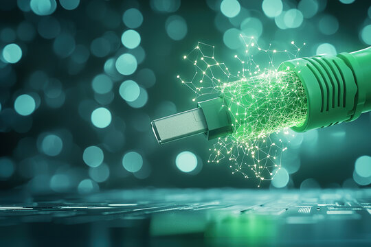 Glowing green charging cable with digital connections symbolizes innovation and technology. abstract background enhances futuristic theme, highlighting connectivity and modern design