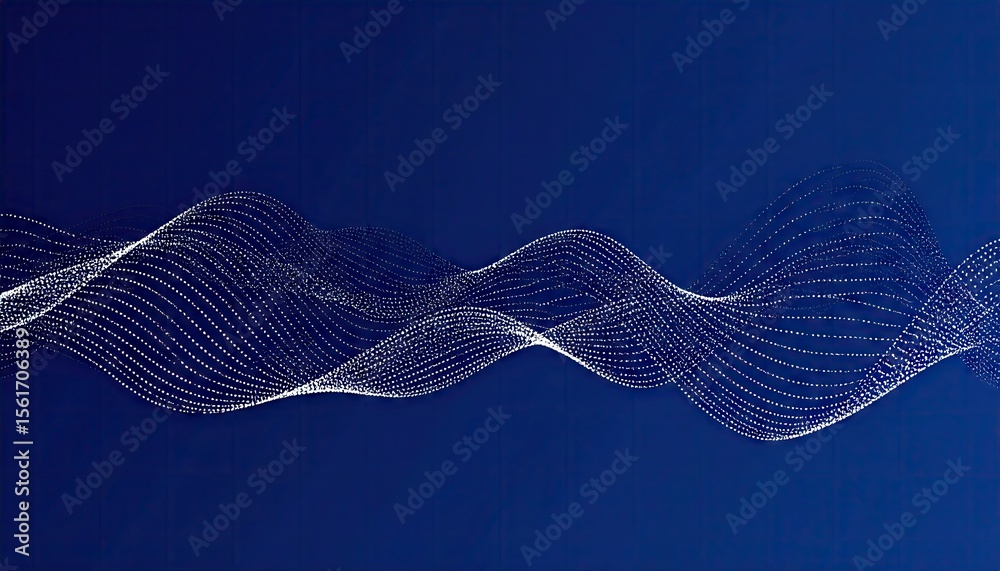 Poster abstract digital waveform in white dots on a deep blue background representing data network