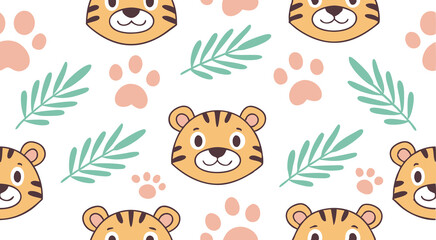 Obraz premium Cute adorable tiger head's seamless pattern background vector design