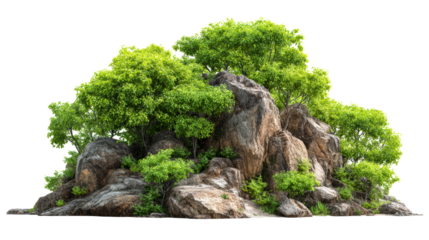 Rocky hillside with green foliage, isolated, cut out transparent