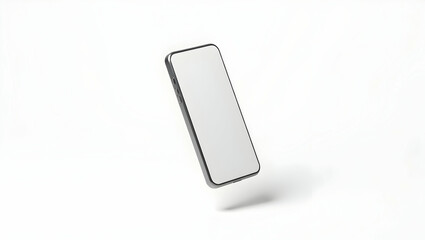 Blank white screen Floating smartphone with white screen angled at 45 degrees mid-air, 