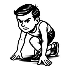Fototapeta premium Intense Young Boy Runner Crouching at Starting Line Ready for Sprint Black and White Outline Line Art Drawing