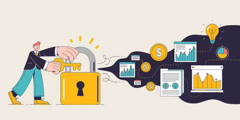 Obraz premium businessman unlocking a padlock to release business data, vector illustration for unlocking value, data-driven insights and information discovery