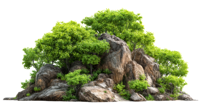 Rocky hillside with green foliage, isolated, cut out transparent
