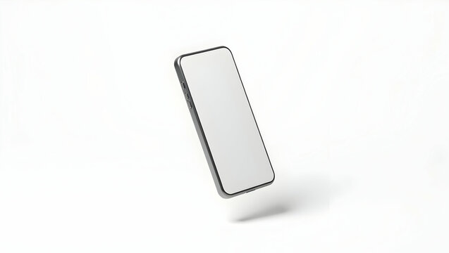 Blank white screen Floating smartphone with white screen angled at 45 degrees mid-air, 