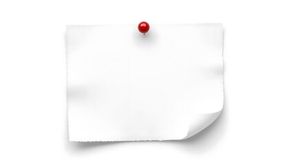 White blank paper sheet pinned with a red push pin on white background. Realistic mockup for notes, memos, announcements, or reminders with curled edge effect.