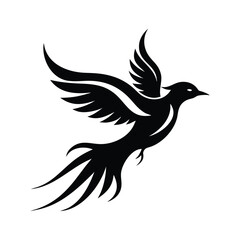 Obraz premium Elegant black silhouette of a bird in flight with flowing tail feathers, perfect for logos, tattoos, or nature designs. Graceful vector art