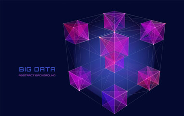 Abstract 3D grid cube. From dots and lines on dark blue. Primitive object. 3D technology design. Futuristic wireframe structure for technology or science concepts. Vector Illustration.