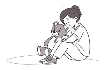 Comforting Embrace: A heartwarming illustration depicting a young girl finding solace in the gentle hug of her beloved teddy bear, symbolizing comfort, companionship, and childhood innocence.