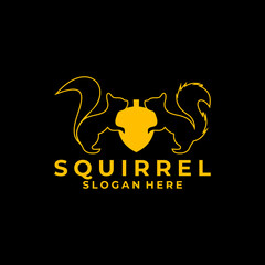 Line art two squirrel with nut in gold color logo design vector template