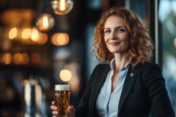 Woman with curly red hair in a blazer holding a glass of beer, smiling in a warmly lit bar or pub setting.