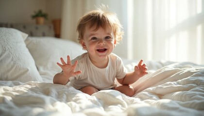 Happy toddler boy playing in parents bed. Smiling, laughing child enjoying sunny morning at home. Healthy cheerful baby is active. Joyful kid wake up and play with parents in bed.