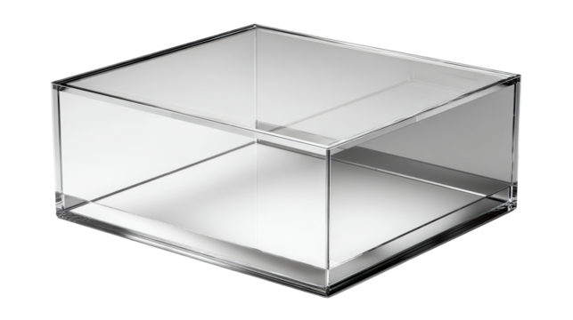 Empty clear glass box with silver frame, cut out transparent