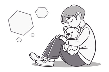 Boy hugging teddy: A young boy sits on the floor, hugging a teddy bear close, conveying a sense of comfort and solace.