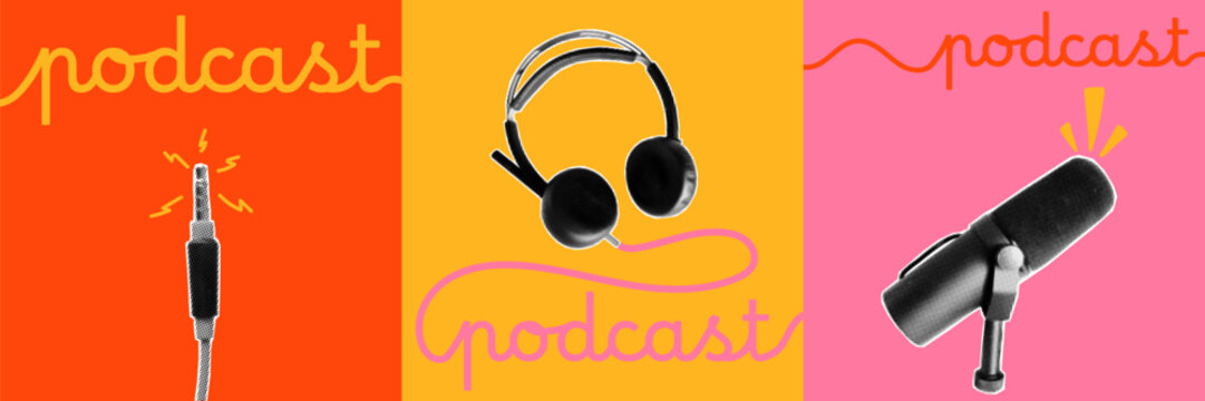 Podcast themed collage covers with magazine paper cutouts, gritty halftone textures and bold typography. Includes microphone, plug and headphones, recording vibes. - Powered by Adobe