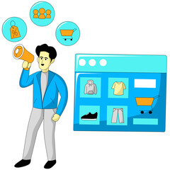 Live streaming host illustration, a man is promoting his online business