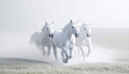 Three White Horses Galloping Across A Dusty Field in Daylight with soft light