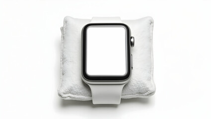 Blank white screen Smartwatch with white screen laying flat on a soft white microfiber pad, 