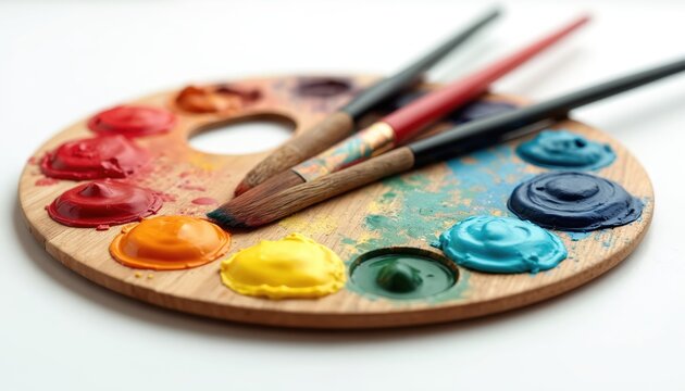 Wooden artist palette with paint, paintbrushes. Different color paints on palette. Art tools for painting. Creativity, art hobby. Close-up of various colorful paints, brushes. Art studio, workshop - Powered by Adobe