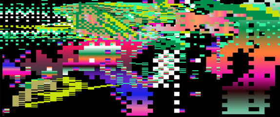Futuristic glitch-art vector using popular digital abstract style. Neon bright pixel blocks, rectangles, and fractured lines create a dynamic, pixelated, and edgy visual effect.