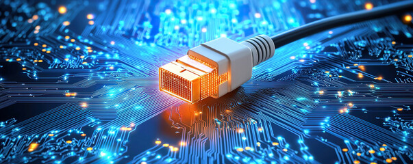 Glowing network cable connects to vibrant circuit board, symbolizing high speed data transfer and advanced technology. scene is illuminated with blue and orange lights, creating futuristic