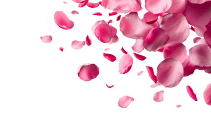 Falling pink rose petals isolated on black, cut out transparent