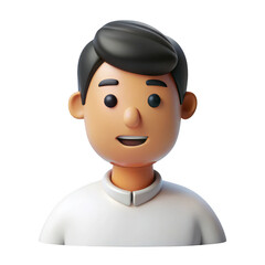 Friendly 3d cartoon man character with black hair and white shirt isolated on transparent background