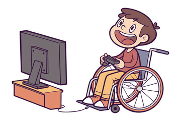 Digital Champion: An animated illustration of a young boy in a wheelchair, beaming with excitement as he engages with a video game, a powerful symbol of inclusivity and joy in the digital world.